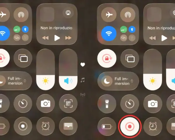 Pannello di controllo con icone per attivare la registrazione dello schermo, torcia, fotocamera e altre funzioni.