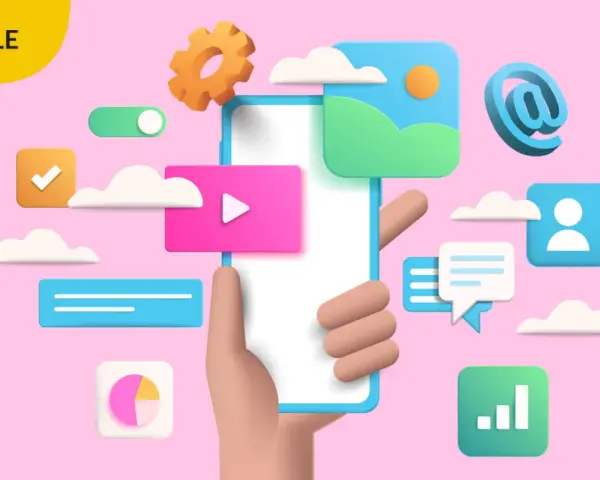 Illustrazione 3D che mostra come creare un app: mano che tiene uno smartphone con icone di social media, messaggi, grafici e impostazioni.