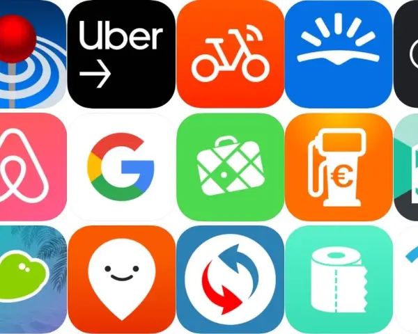 Icone di app per organizzare viaggi: Uber, Airbnb, Google Maps, e altre utility per spostamenti e servizi.