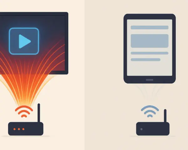 Un router alimenta un televisore con un'icona di riproduzione e un tablet. Quanto dura la navigazione con 1 giga?
