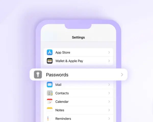 Schermata impostazioni iPhone con evidenziata la voce "Password" per gestire le password salvate.