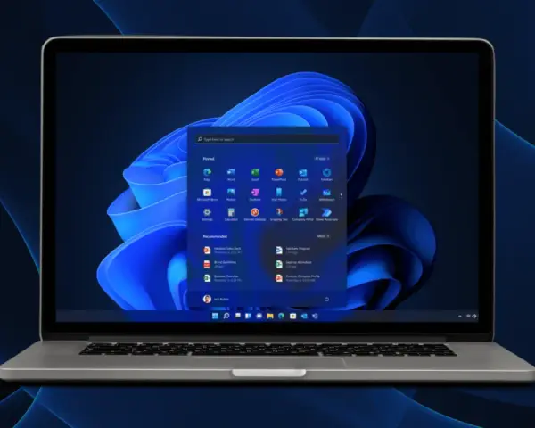 Screenshot di Windows 11 con menu Start aperto, mostra app pinnate e consigliate.