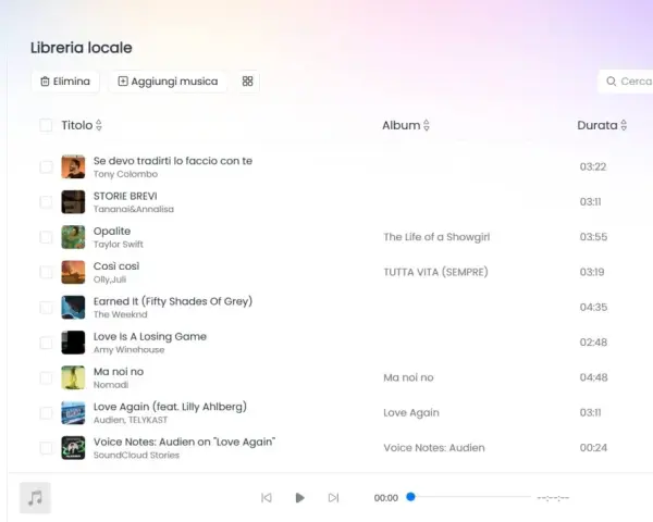 Interfaccia TuneFab, sezione "Libreria locale", utile per organizzare la musica e scoprire come scaricare suonerie gratis.