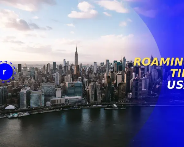 Skyline di New York con testo "ROAMING TIM USA". Un'avventura di roaming negli Stati Uniti.