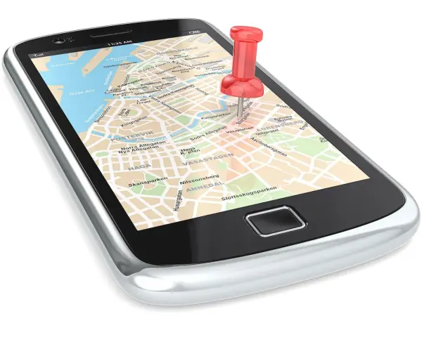 Smartphone con mappa e puntina rossa. Navigazione facile con questa app.