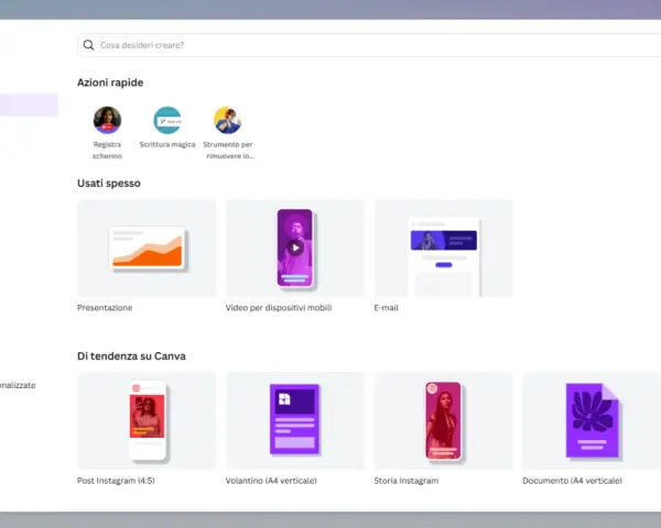 Interfaccia di Canva per creare progetti: mostra opzioni come "Presentazione", "Video per dispositivi mobili" e "Storia Instagram", spiegando come si usa Canva per iniziare.