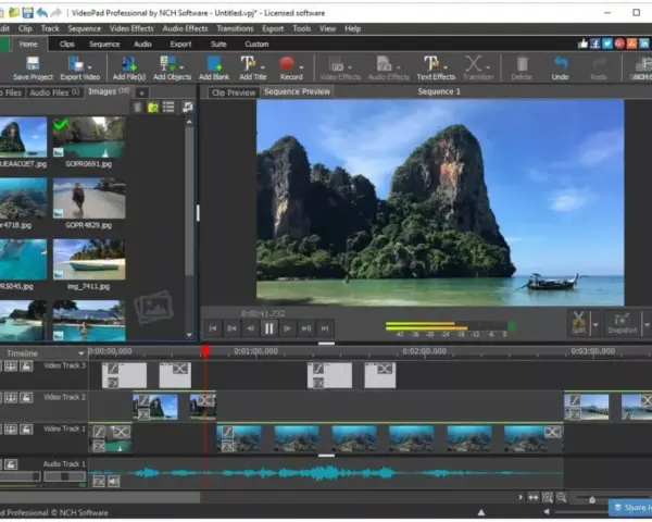Interfaccia di VideoPad Professional, uno dei programmi per montare video, con clip di paesaggi esotici e timeline di editing.