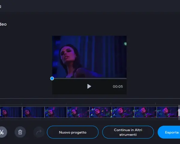 Interfaccia per tagliare un video. La timeline mostra clip con una donna, pronta per essere modificata.