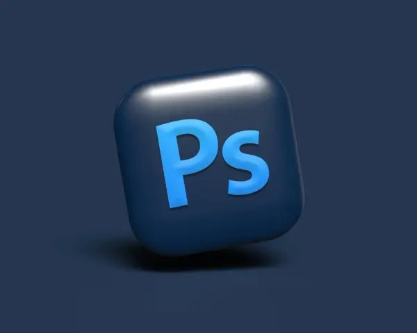 Icona 3D di Photoshop con lettere blu su sfondo blu scuro. Ottieni il tuo photoshop gratis!