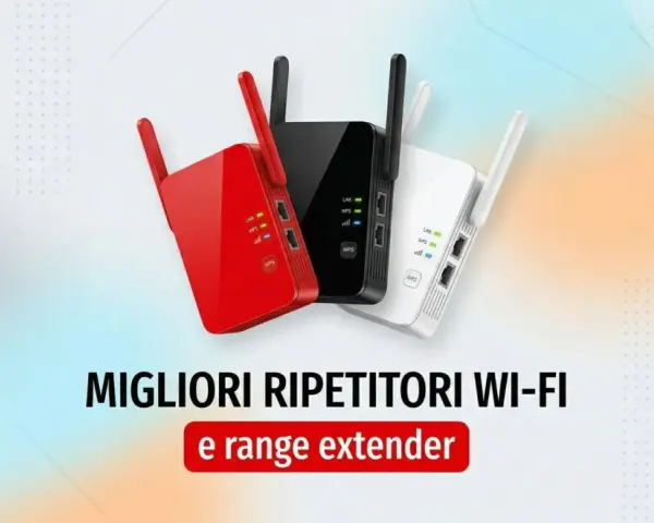 Tre ripetitori Wi-Fi in rosso, nero e bianco mostrano come funziona un range extender per ampliare la copertura di rete.