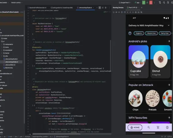 Schermata di Android Studio che mostra codice Kotlin per creare app gratis.