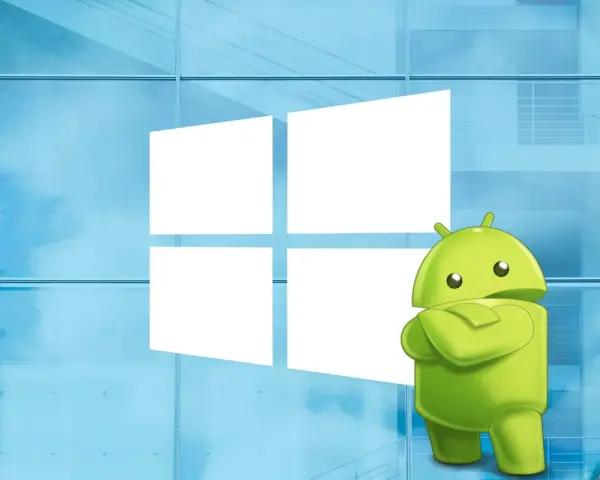 L'icona di Android si staglia fiera davanti al logo di Windows, un'unione di sistemi operativi su PC.