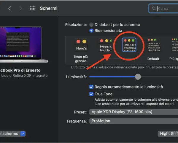 Impostazioni schermo: per come ingrandire lo schermo del pc, seleziona "Ridimensionata" e scegli la risoluzione desiderata.