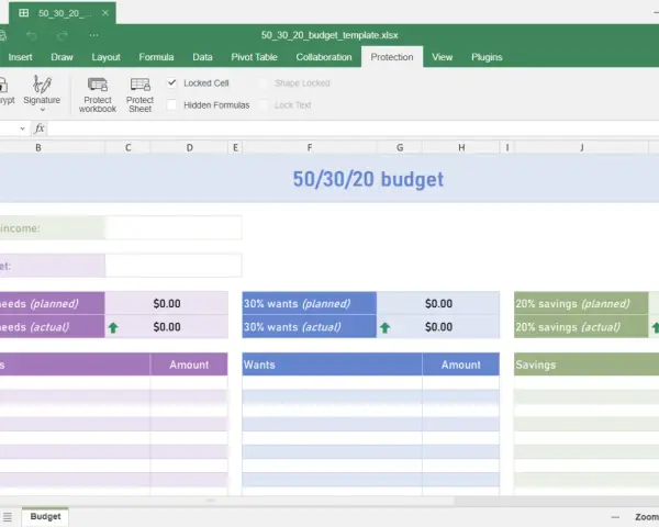 Interfaccia di ONLYOFFICE per rimuovere protezione foglio excel. Il foglio mostra un modello di budget 50/30/20 con sezioni per bisogni, desideri e risparmi.