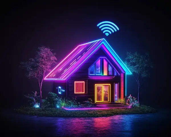 Casa futuristica illuminata da neon, con segnale Wi-Fi luminoso. La fibra FTTC porta la connessione ultraveloce in questa dimora smart.