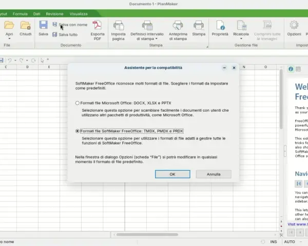 Assistente compatibilità SoftMaker FreeOffice, un pacchetto office gratis, per scegliere formati file predefiniti.