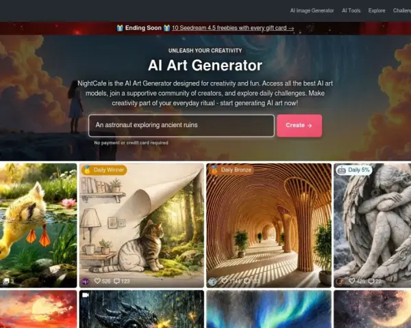 NightCafe, un AI Art Generator, offre un'interfaccia per creare arte digitale. Mostra un'anatra, un gatto, un tunnel e un angelo.