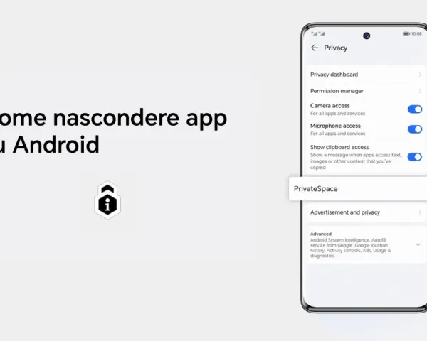 Guida per nascondere app su Android. L'immagine mostra le impostazioni di privacy di Android, con opzioni come "PrivateSpace" per una maggiore sicurezza.