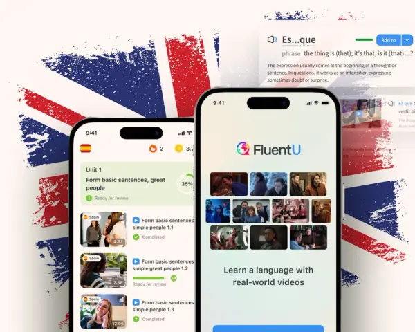 Due smartphone mostrano l'app FluentU per imparare inglese, con video e lezioni. La bandiera britannica sullo sfondo simboleggia la lingua.