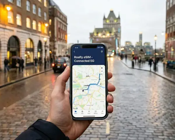 Mano che tiene uno smartphone con mappa di Londra e connessione 5G, sullo sfondo una strada bagnata e palazzi caratteristici.