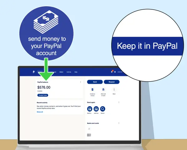 Schermata PayPal che mostra come ricaricare il tuo conto. Il saldo è di $576.00.