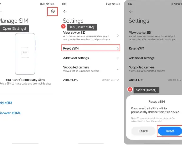 Schermata Xiaomi per resettare la tua eSIM. Tocca "Reset eSIM" per procedere.