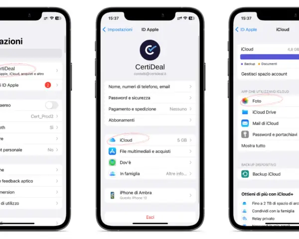 Schermate iPhone: "dati di sistema iPhone occupa troppo spazio" è un problema comune. Qui si vede come lo spazio iCloud è quasi pieno, con Foto che occupa gran parte dello spazio.