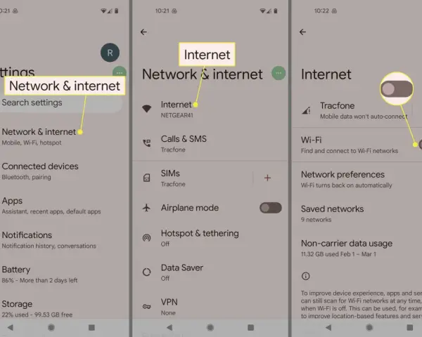 Impostazioni del telefono: "Rete e Internet" e "Hotspot & tethering".