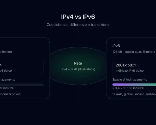 Confronto tra IPv4 (spazio limitato) e IPv6 (spazio quasi illimitato), con esempi di indirizzi e caratteristiche.