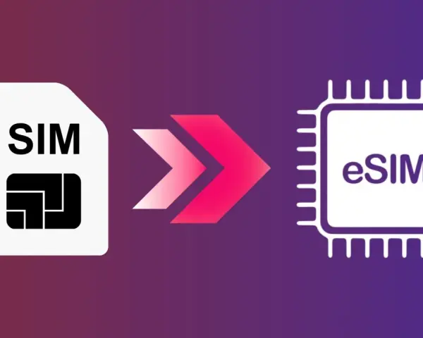 Icona SIM che si trasforma in eSIM, simboleggiando il passaggio alla tecnologia digitale.