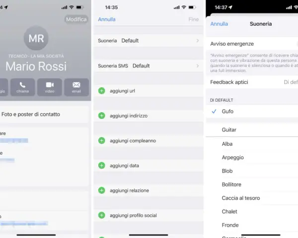 Schermata di un iPhone che mostra come impostare una canzone come suoneria per un contatto, con opzioni come "Gufo" e "Guitar".