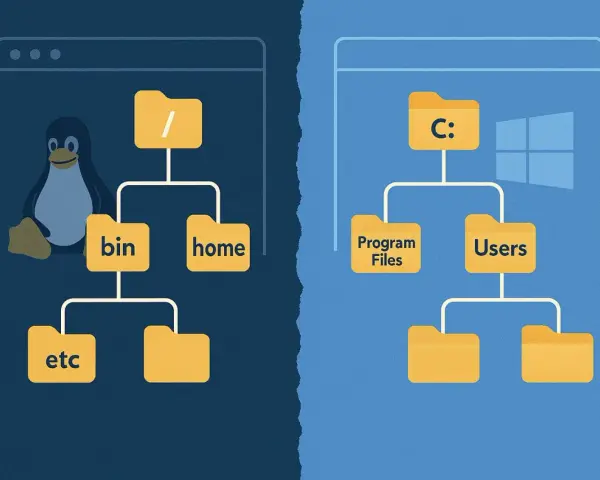 Linux and Windows folder structures side-by-side, with a penguin and C: drive icons.
