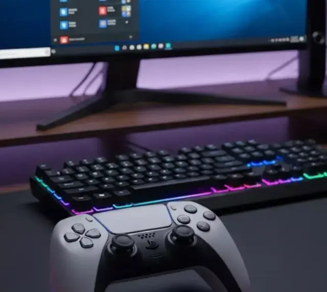 Controller DualSense PS5 pronto per essere collegato al PC. Tastiera e mouse RGB completano la postazione gaming.