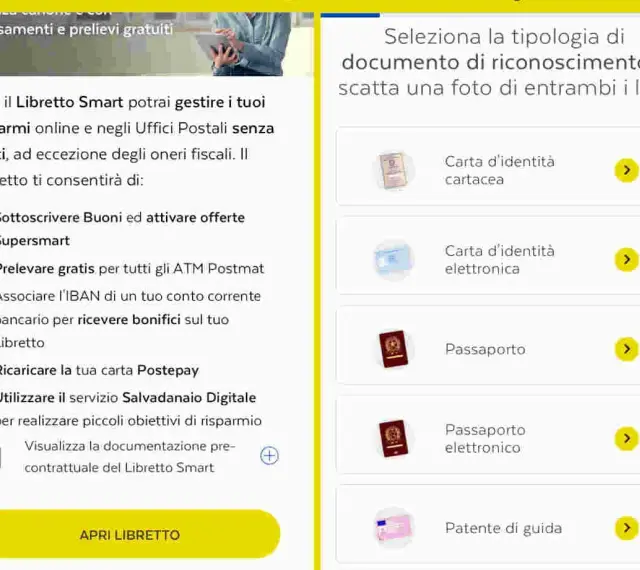 Apri il tuo libretto smart per gestire risparmi, sottoscrivere buoni e prelevare gratis. Scegli il documento per il riconoscimento.