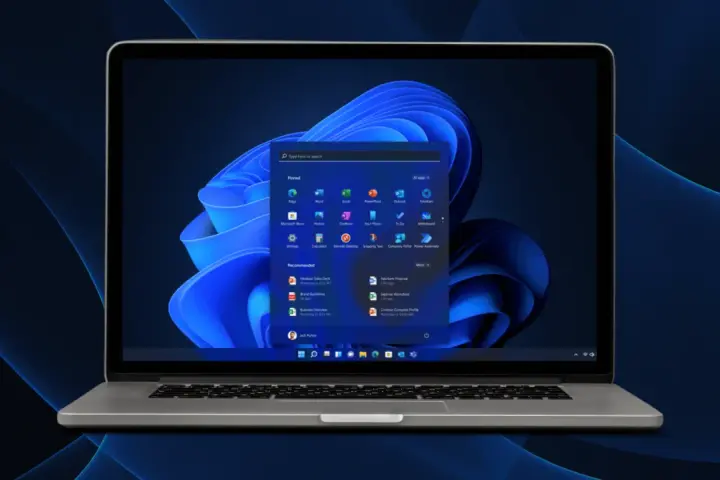 Screenshot di Windows 11 con menu Start aperto, mostra app pinnate e consigliate.