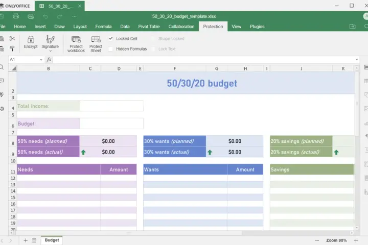 Interfaccia di ONLYOFFICE per rimuovere protezione foglio excel. Il foglio mostra un modello di budget 50/30/20 con sezioni per bisogni, desideri e risparmi.