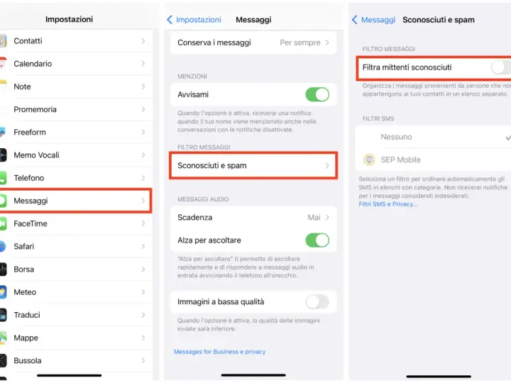 Impostazioni Messaggi: come bloccare chiamate spam filtrando mittenti sconosciuti e spam.
