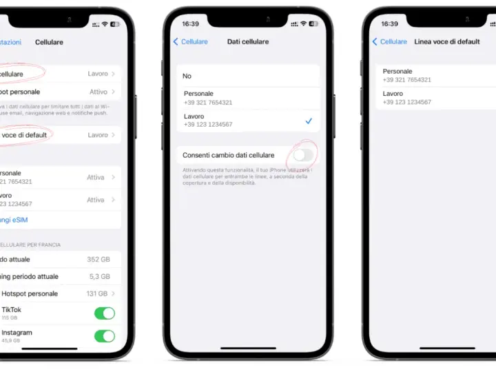 Impostazioni cellulare per dual SIM: scelta dati, hotspot, linea voce di default e gestione SIM.