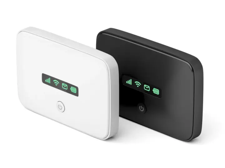 Due saponette WiFi, bianca e nera, mostrano indicatori luminosi verdi per segnale, connessione, messaggi e batteria. Ecco come funziona la saponetta WiFi.