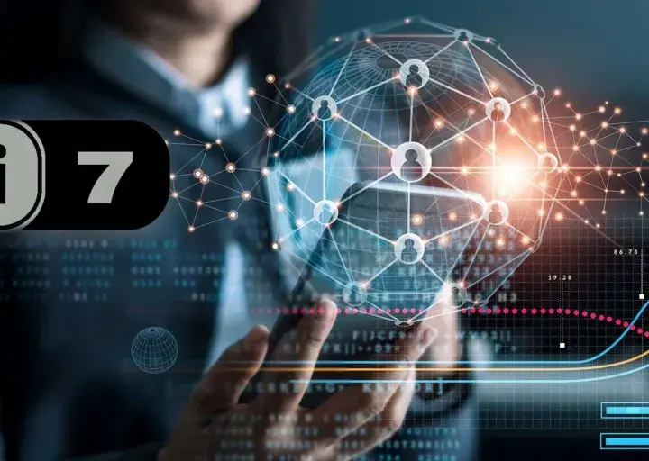 Logo Wi-Fi 7 su sfondo di rete globale e grafici di dati.