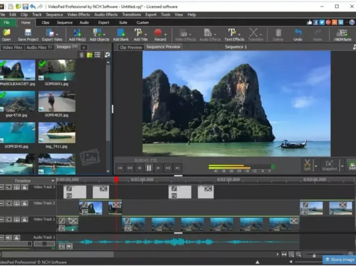 Interfaccia di VideoPad Professional, uno dei programmi per montare video, con clip di paesaggi esotici e timeline di editing.