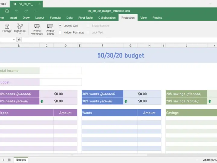 Interfaccia di ONLYOFFICE per rimuovere protezione foglio excel. Il foglio mostra un modello di budget 50/30/20 con sezioni per bisogni, desideri e risparmi.