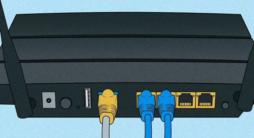 Connessione cavi Ethernet al router per configurare il wifi. Porta USB e porte LAN visibili.