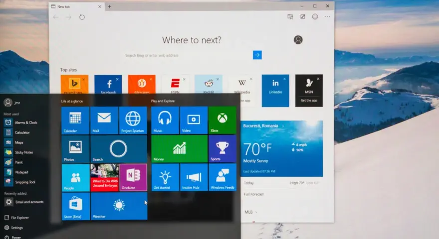 Schermata di Windows 10 con menu Start aperto, mostra app e siti web. Ideale per chi deve formattare pc Windows 10.