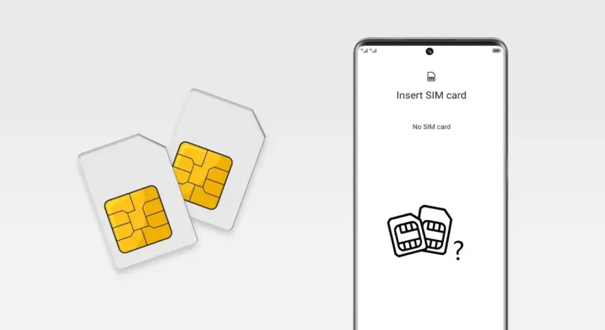 Due SIM card su sfondo bianco, accanto a uno smartphone che mostra "Insert SIM card". Guida su come togliere SIM da iPhone.