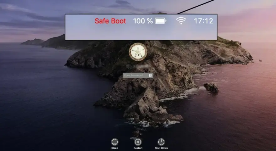 Schermata di login Mac in modalità provvisoria. Per uscire da "Safe Boot", riavvia il Mac normalmente.