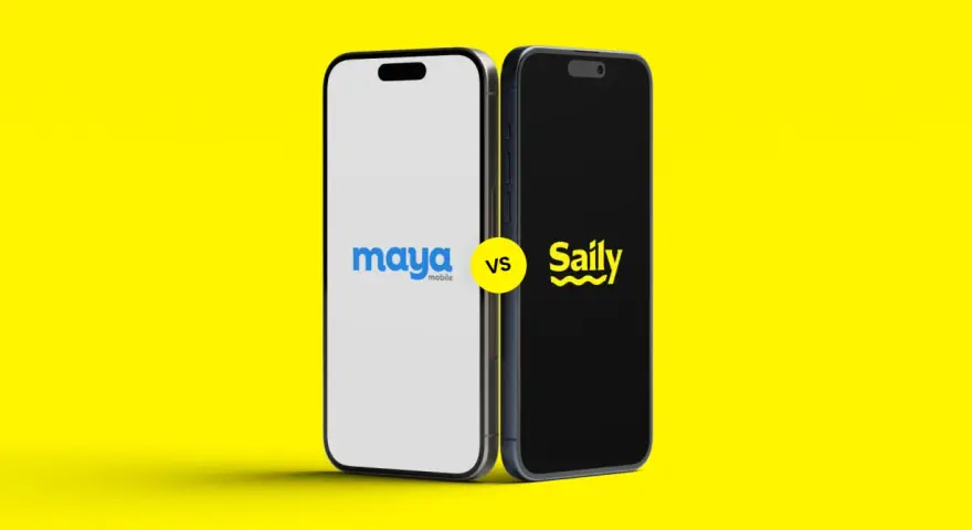 Due smartphone affiancati su sfondo giallo. Uno mostra il logo "maya mobile", l'altro "Saily". Confronto tra servizi eSIM.