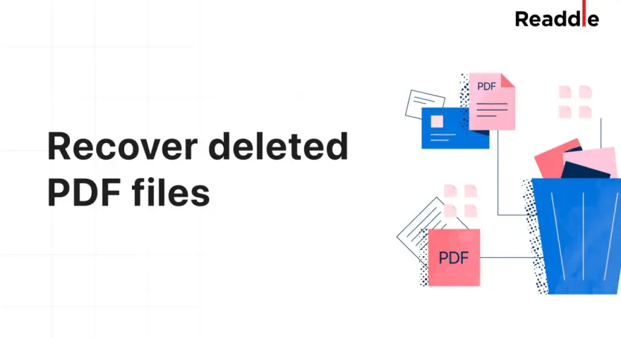 Recuperare file cancellati: un cestino blu pieno di documenti PDF rosa e blu, con alcuni fogli che escono.