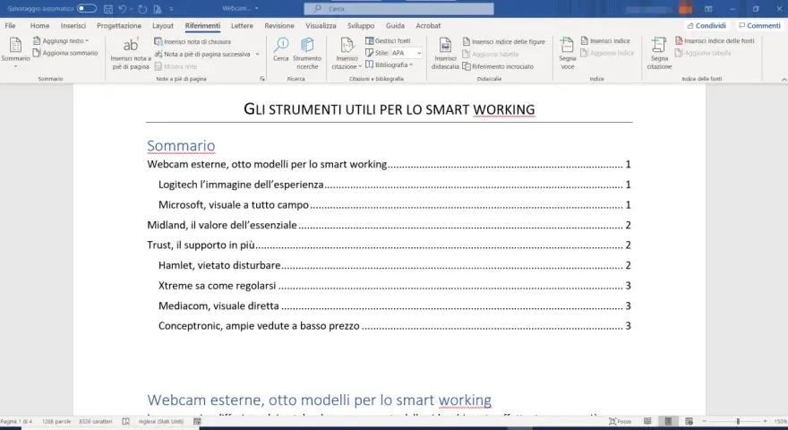 Il sommario di un documento su strumenti per lo smart working, con voci come webcam e Logitech.