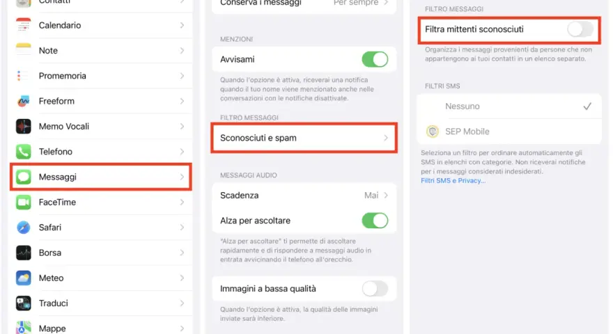 Impostazioni Messaggi: come bloccare chiamate spam filtrando mittenti sconosciuti e spam.